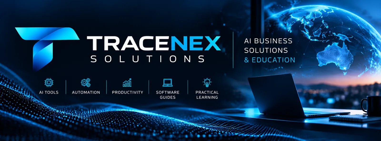 TRACENEX Solutions official navy and cyan folded-T brand banner